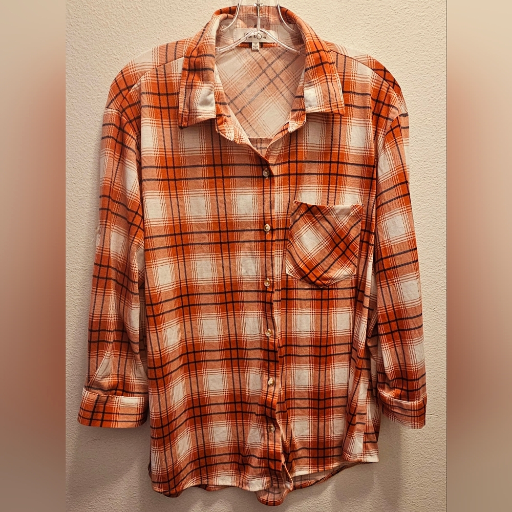 Orange Plaid Button-Up Shirt